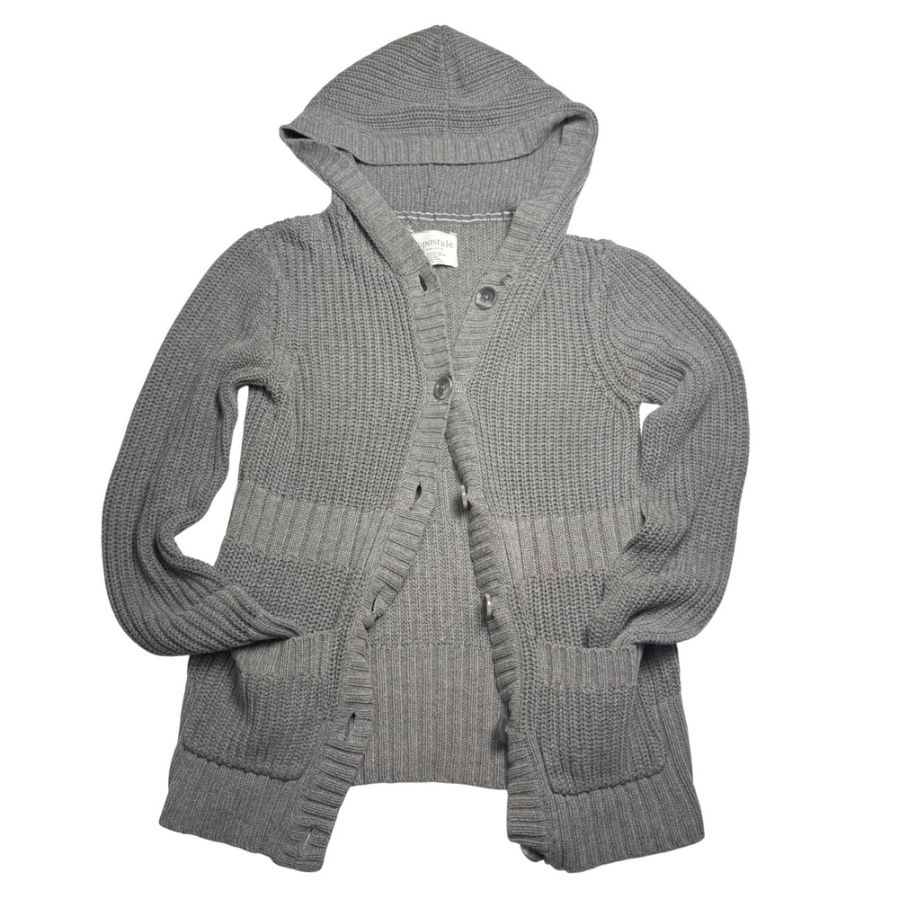 Aeropostale Grey Chunky Cable Knit Hooded Cardigan Sweater Bella Swan Core Y2K M
